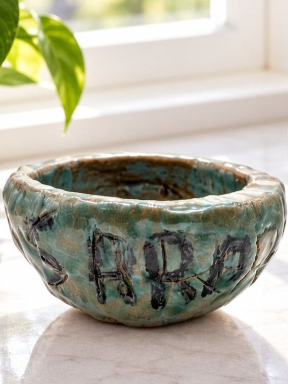 Handmade Folk Art Pottery Bowl Whimsical Face Rustic Studio Ceramic Trinket Dish